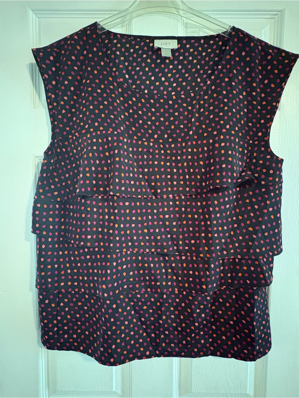 LOFT Black Sleeveless Ruffle Camisole with Pink and Orange Dot Pattern